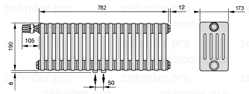 Схема (чертеж) Радиатор Zehnder Charleston 5019/17 №V007 Белый глянцевый RAL 9016